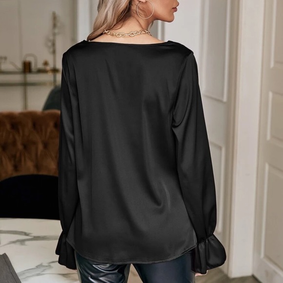 Satin silky long sleeve ruffle cuff cowl neck swoop blouse burgundy red - Picture 5 of 12